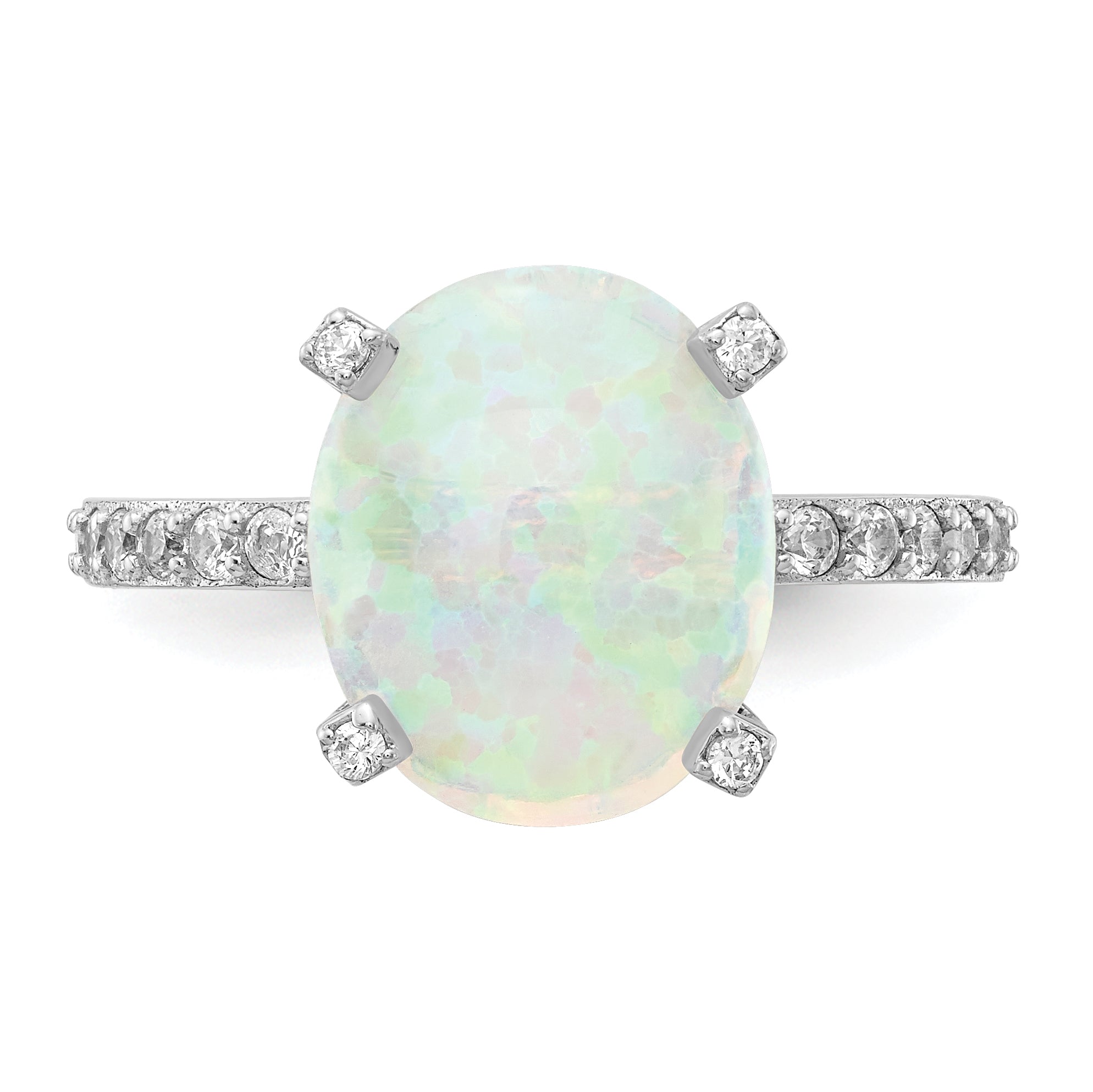 Sterling Silver Cheryl M Rhodium-Plated Cabochon Lab Created Opal And Brilliant-Cut Cz Oval With Side Stones Ring