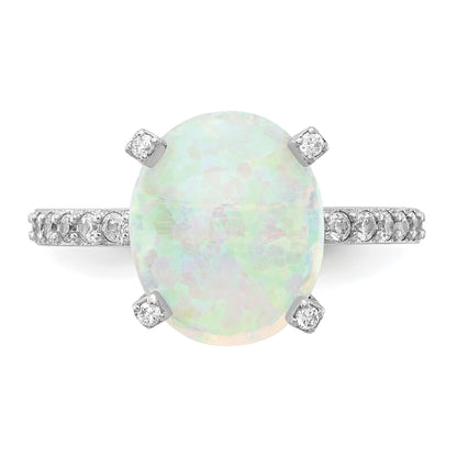 Sterling Silver Cheryl M Rhodium-Plated Cabochon Lab Created Opal And Brilliant-Cut Cz Oval With Side Stones Ring