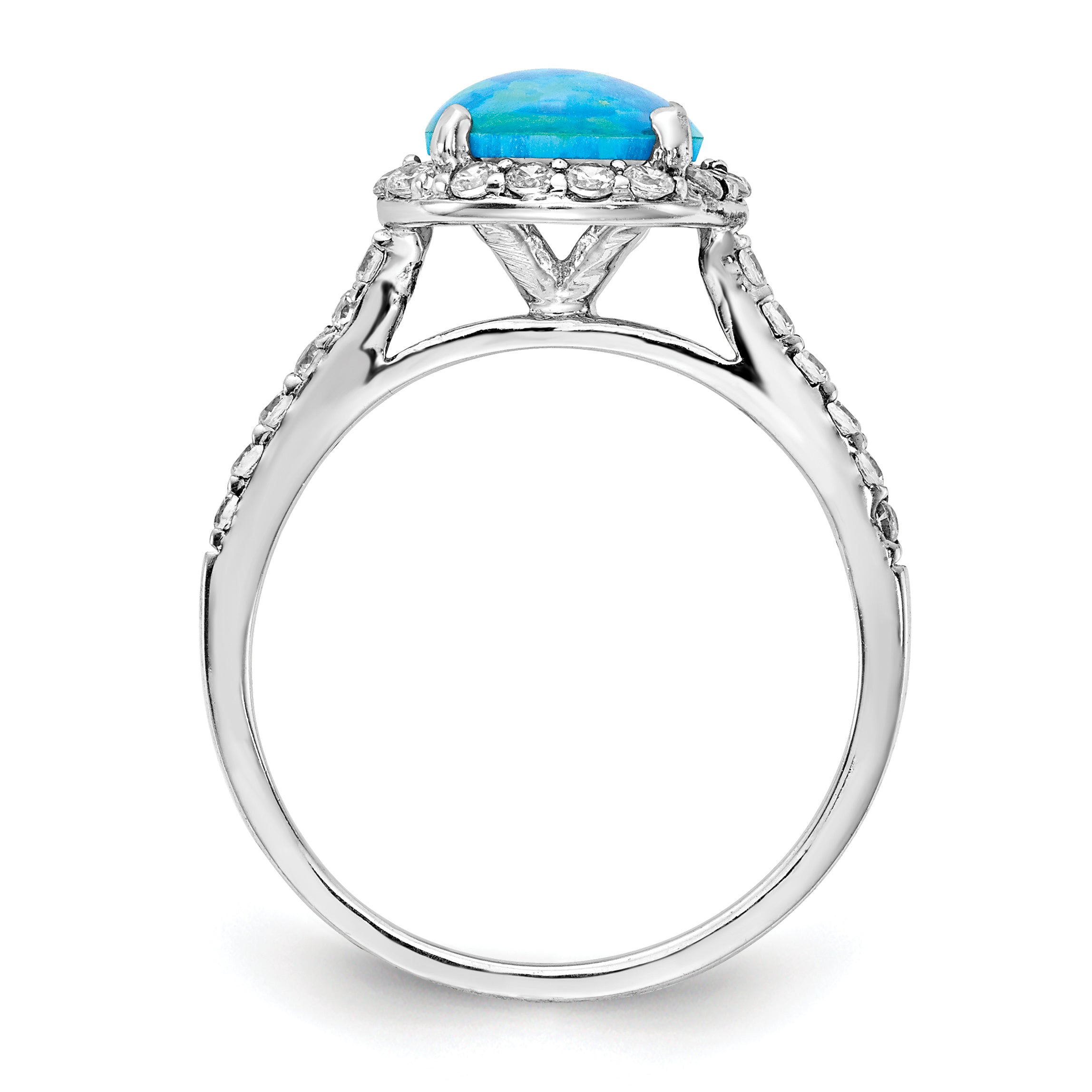 Sterling Silver Cheryl M Rhodium-Plated Cabochon Lab Created Blue Opal And Brilliant Cut Cz Halo With Side Stones Ring