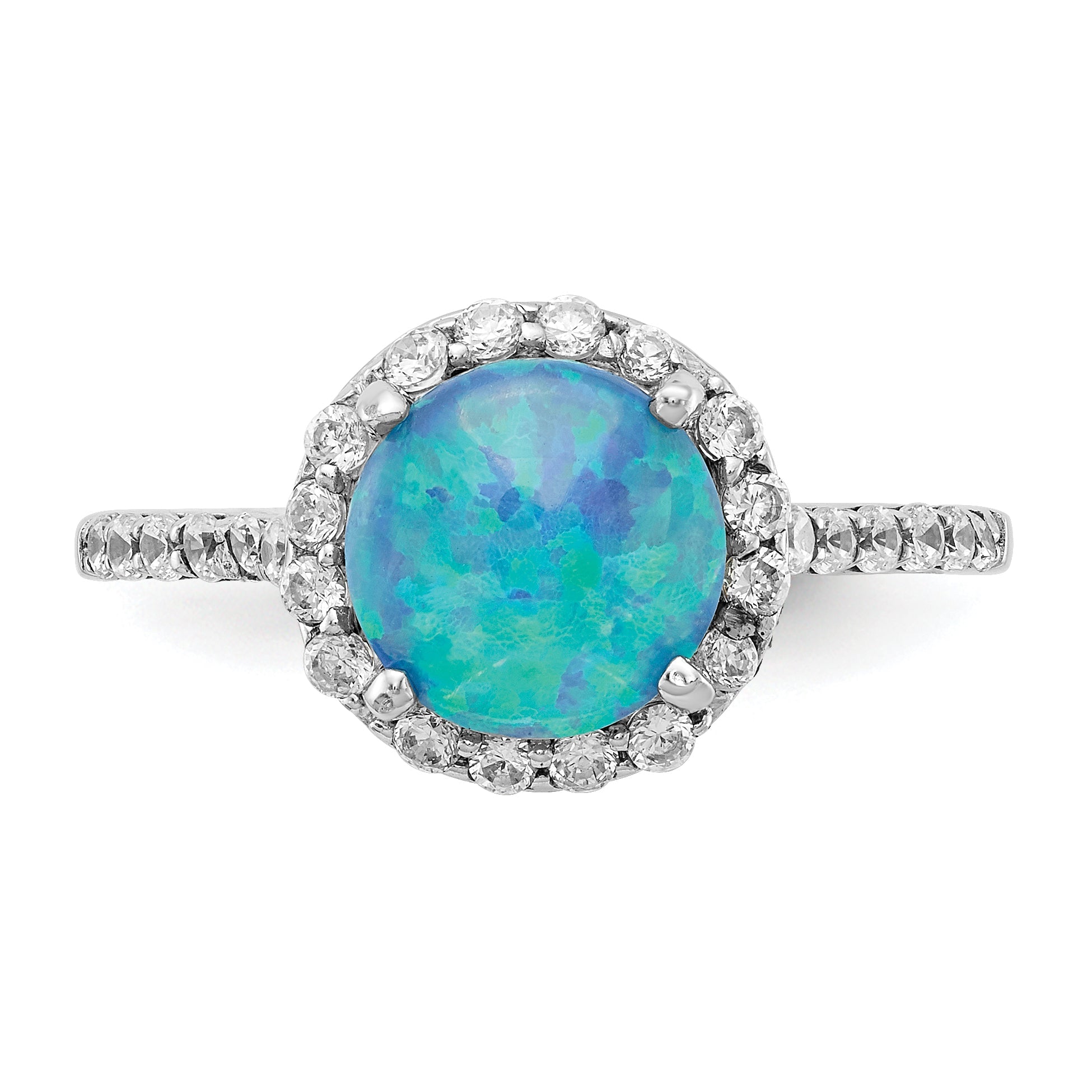 Sterling Silver Cheryl M Rhodium-Plated Cabochon Lab Created Blue Opal And Brilliant Cut Cz Halo With Side Stones Ring