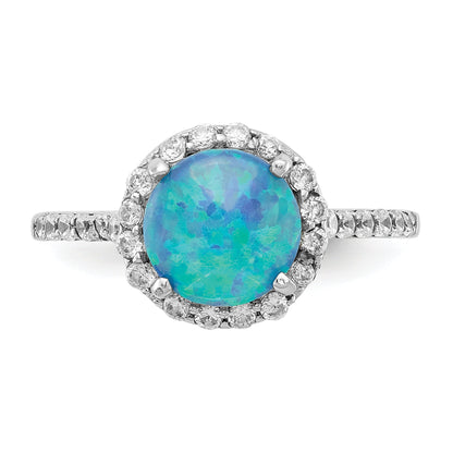 Sterling Silver Cheryl M Rhodium-Plated Cabochon Lab Created Blue Opal And Brilliant Cut Cz Halo With Side Stones Ring