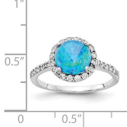 Sterling Silver Cheryl M Rhodium-Plated Cabochon Lab Created Blue Opal And Brilliant Cut Cz Halo With Side Stones Ring