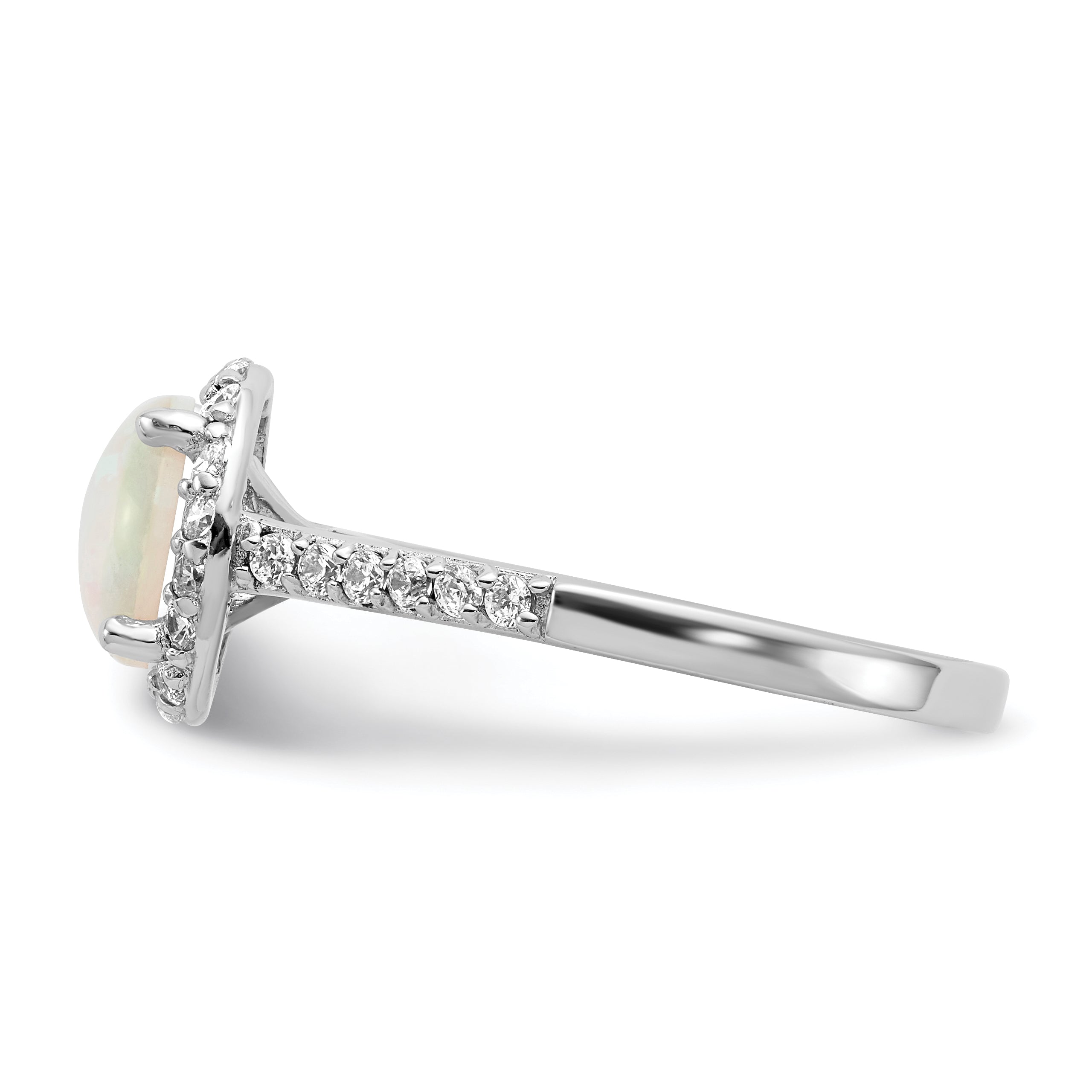 Sterling Silver Cheryl M Rhodium-Plated Cabochon Lab Created Opal And Brilliant-Cut Cz Halo Ring