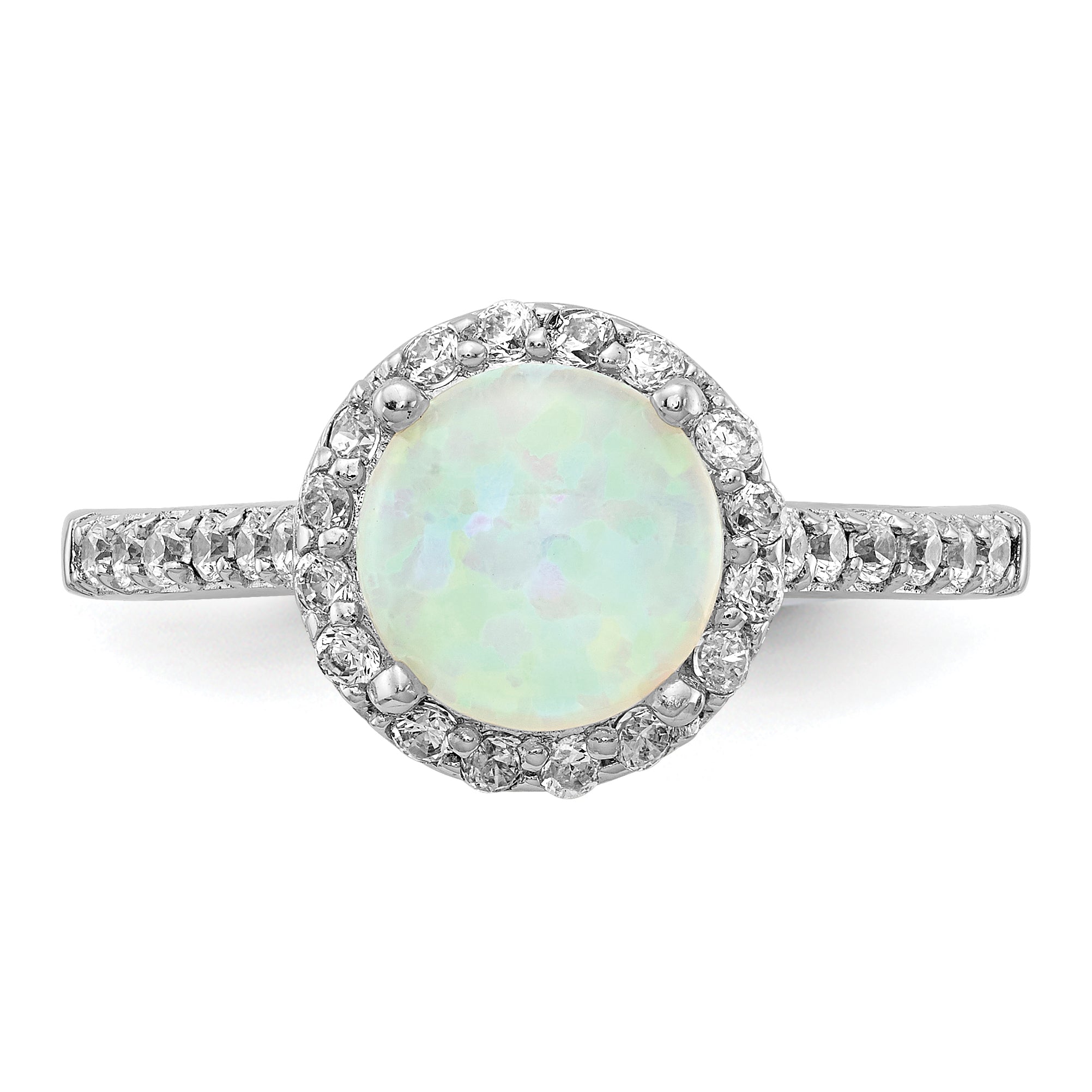 Sterling Silver Cheryl M Rhodium-Plated Cabochon Lab Created Opal And Brilliant-Cut Cz Halo Ring