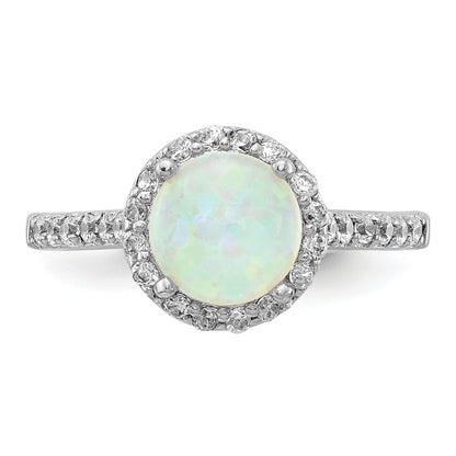 Sterling Silver Cheryl M Rhodium-Plated Cabochon Lab Created Opal And Brilliant-Cut Cz Halo Ring
