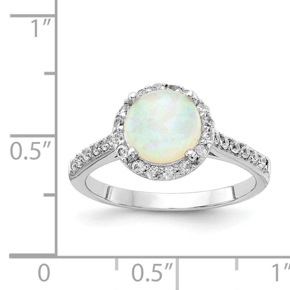 Sterling Silver Cheryl M Rhodium-Plated Cabochon Lab Created Opal And Brilliant-Cut Cz Halo Ring