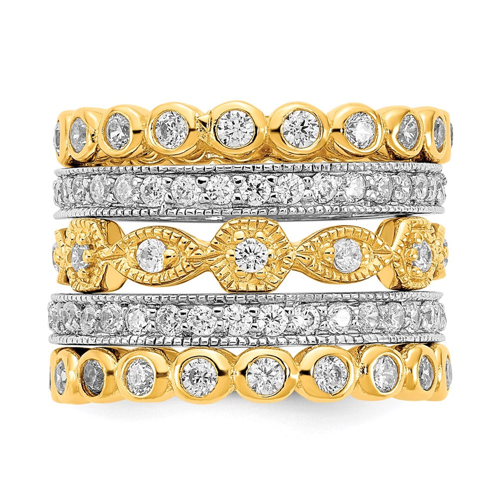 Sterling Silver Cheryl M Rhodium-Plated And Gold-Plated Brilliant-Cut Cz 5 Piece Eternity Band Ring Set