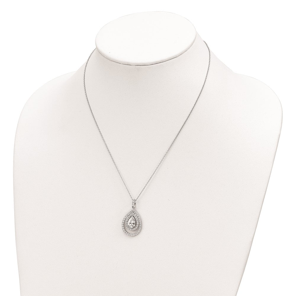 Sterling Silver Cheryl M Rhodium-Plated Brilliant-Cut Cz Double Halo Pear Shaped 18 Inch Necklace
