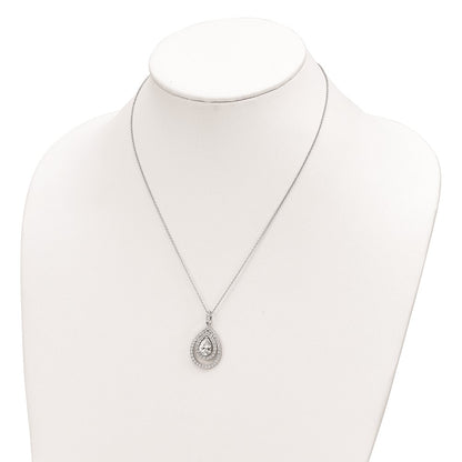 Sterling Silver Cheryl M Rhodium-Plated Brilliant-Cut Cz Double Halo Pear Shaped 18 Inch Necklace
