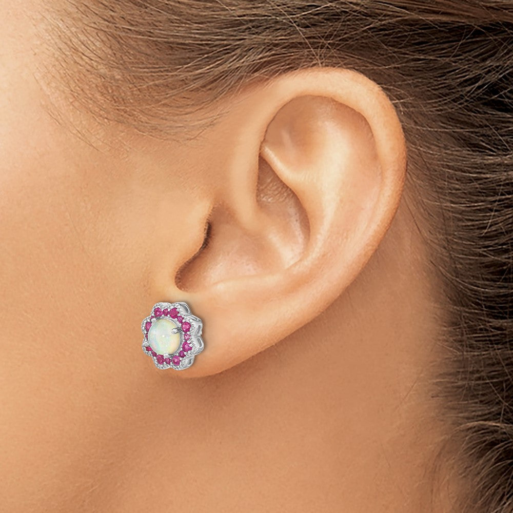 Sterling Silver Cheryl M Rhodium-Plated Cabochon Lab Created Opal And Brilliant-Cut Red Nano Crystal Flower Post Earrings