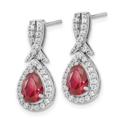 Sterling Silver Cheryl M Rhodium-Plated Brilliant-Cut Lab Created Ruby And White Cz Teardrop Post Dangle Earrings