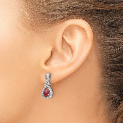 Sterling Silver Cheryl M Rhodium-Plated Brilliant-Cut Lab Created Ruby And White Cz Teardrop Post Dangle Earrings