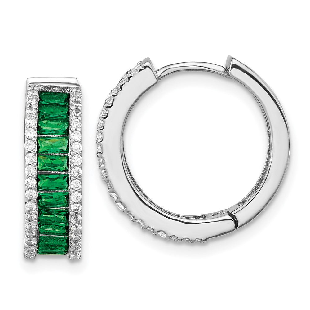 Sterling Silver Cheryl M Rhodium-Plated Emerald-Cut Green Nano Crystal And Brilliant-Cut White Cz Round Hinged Hoop Earrings