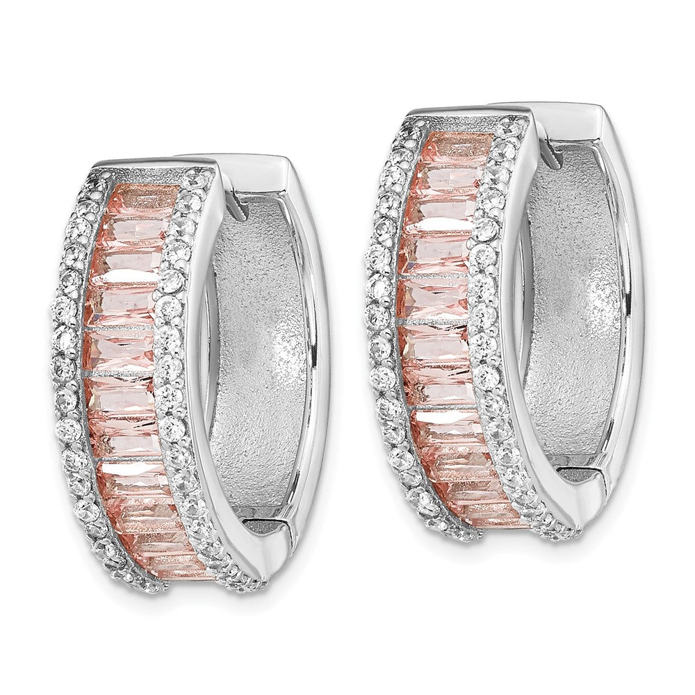 Sterling Silver Cheryl M Rhodium-Plated Emerald-Cut Pink Nano Crystal And White Brilliant-Cut Cz Round Hinged Hoop Earrings