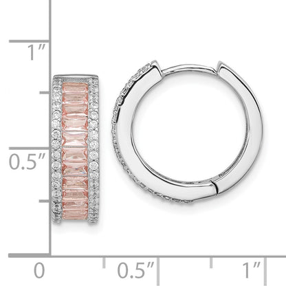 Sterling Silver Cheryl M Rhodium-Plated Emerald-Cut Pink Nano Crystal And White Brilliant-Cut Cz Round Hinged Hoop Earrings