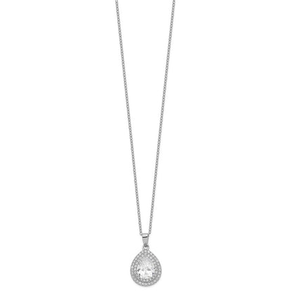 Sterling Silver Cheryl M Rhodium-Plated Brilliant-Cut Pear Shaped Cz Double Halo 18 Inch Necklace With 2 Extender