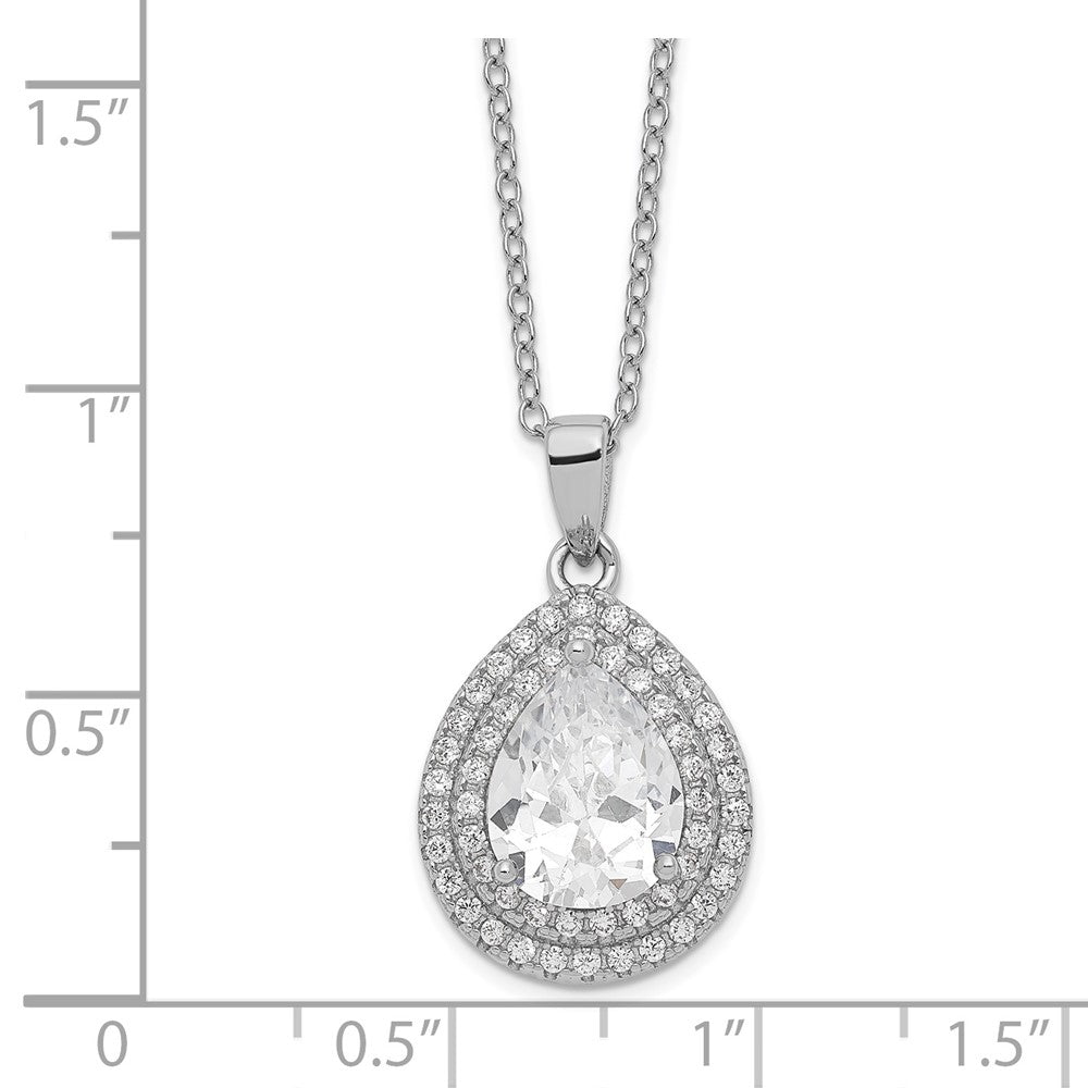 Sterling Silver Cheryl M Rhodium-Plated Brilliant-Cut Pear Shaped Cz Double Halo 18 Inch Necklace With 2 Extender