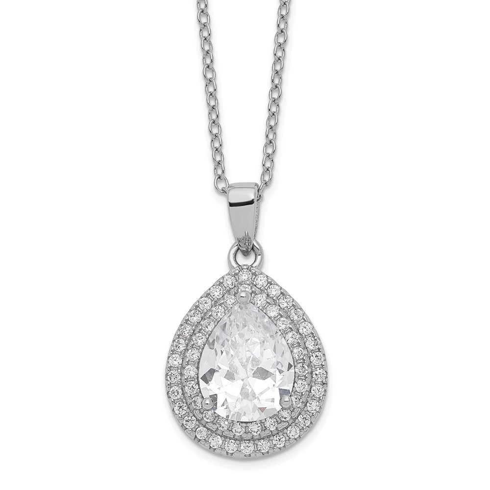 Sterling Silver Cheryl M Rhodium-Plated Brilliant-Cut Pear Shaped Cz Double Halo 18 Inch Necklace With 2 Extender