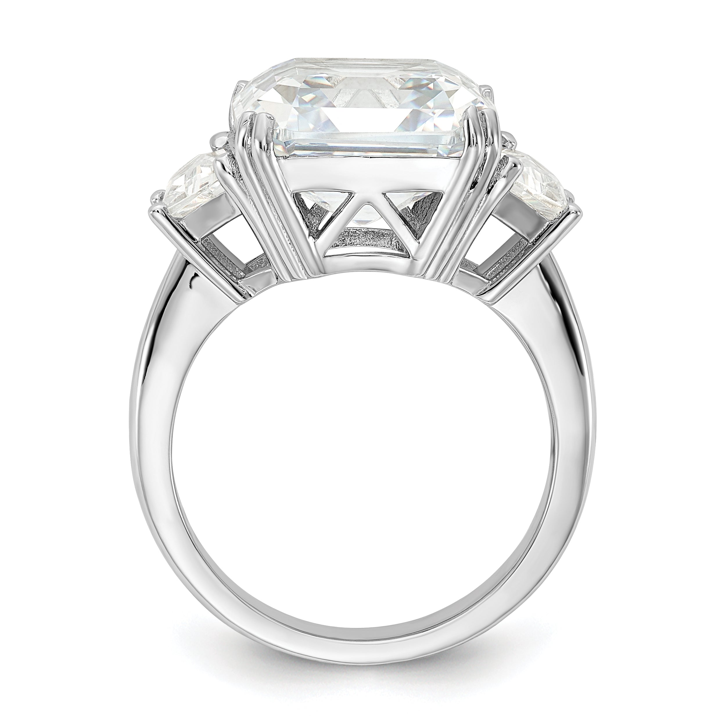 Sterling Silver Cheryl M Rhodium-Plated Asscher-Cut And Brilliant-Cut Cz 3 Stone Ring