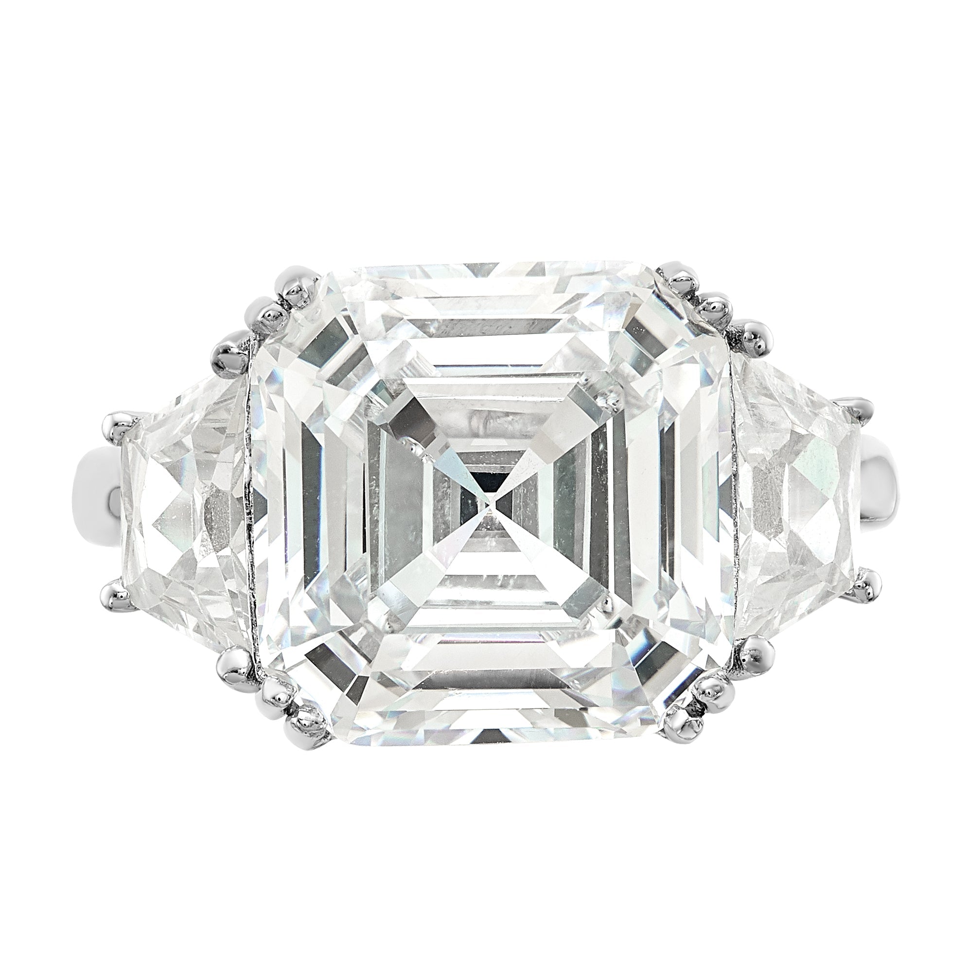 Sterling Silver Cheryl M Rhodium-Plated Asscher-Cut And Brilliant-Cut Cz 3 Stone Ring