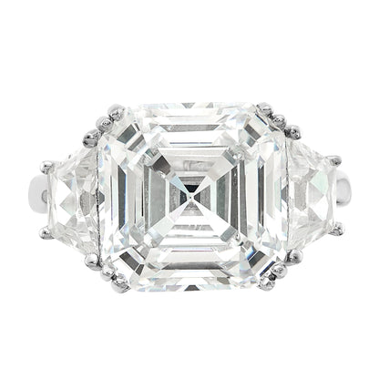 Sterling Silver Cheryl M Rhodium-Plated Asscher-Cut And Brilliant-Cut Cz 3 Stone Ring