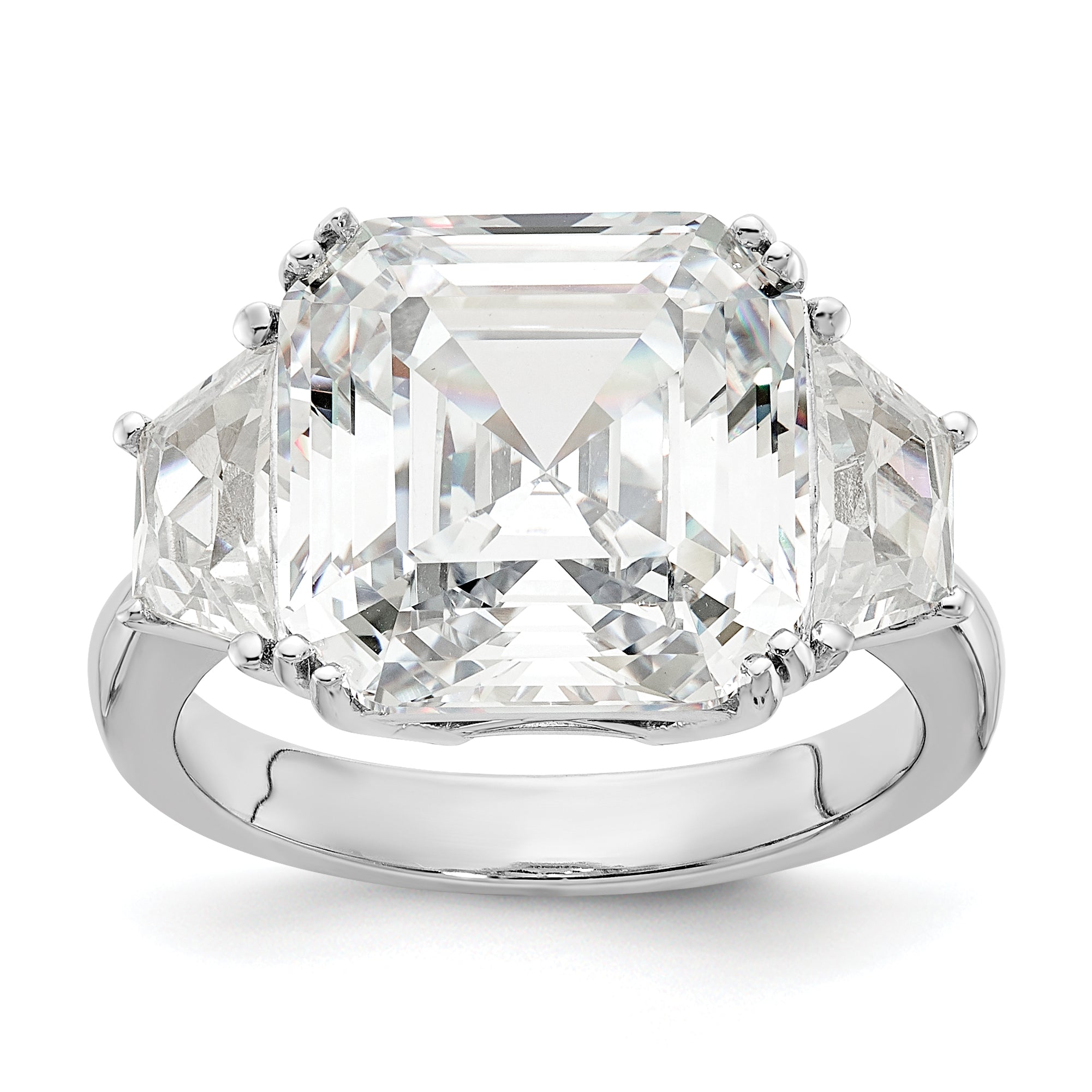 Sterling Silver Cheryl M Rhodium-Plated Asscher-Cut And Brilliant-Cut Cz 3 Stone Ring