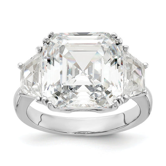 Sterling Silver Cheryl M Rhodium-Plated Asscher-Cut And Brilliant-Cut Cz 3 Stone Ring