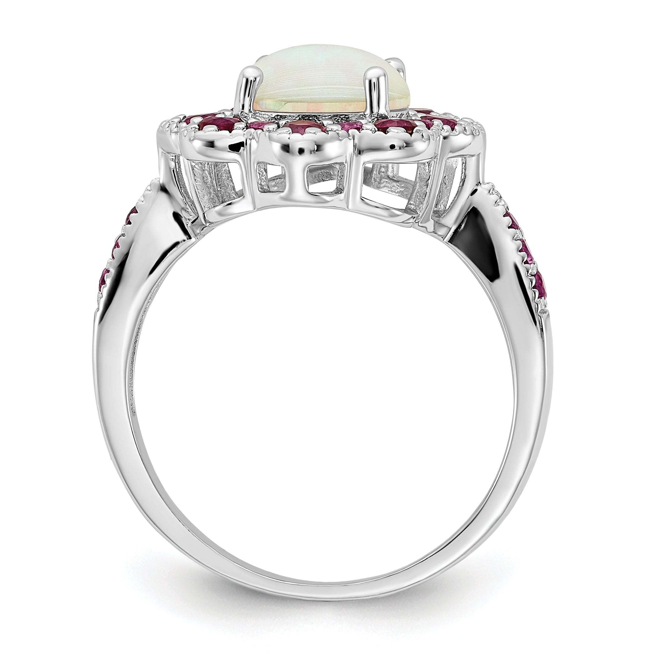 Sterling Silver Cheryl M Rhodium-Plated Cabochon Lab Created Opal And Brilliant-Cut Red Nano Crystal Flower Ring