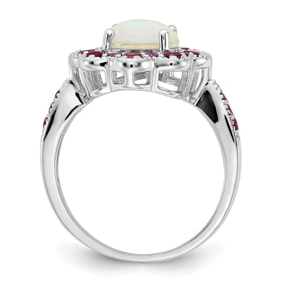 Sterling Silver Cheryl M Rhodium-Plated Cabochon Lab Created Opal And Brilliant-Cut Red Nano Crystal Flower Ring