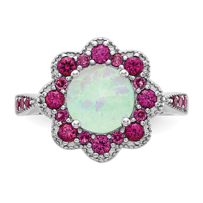 Sterling Silver Cheryl M Rhodium-Plated Cabochon Lab Created Opal And Brilliant-Cut Red Nano Crystal Flower Ring