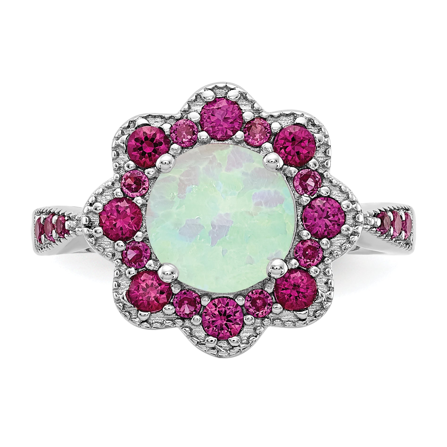 Sterling Silver Cheryl M Rhodium-Plated Cabochon Lab Created Opal And Brilliant-Cut Red Nano Crystal Flower Ring