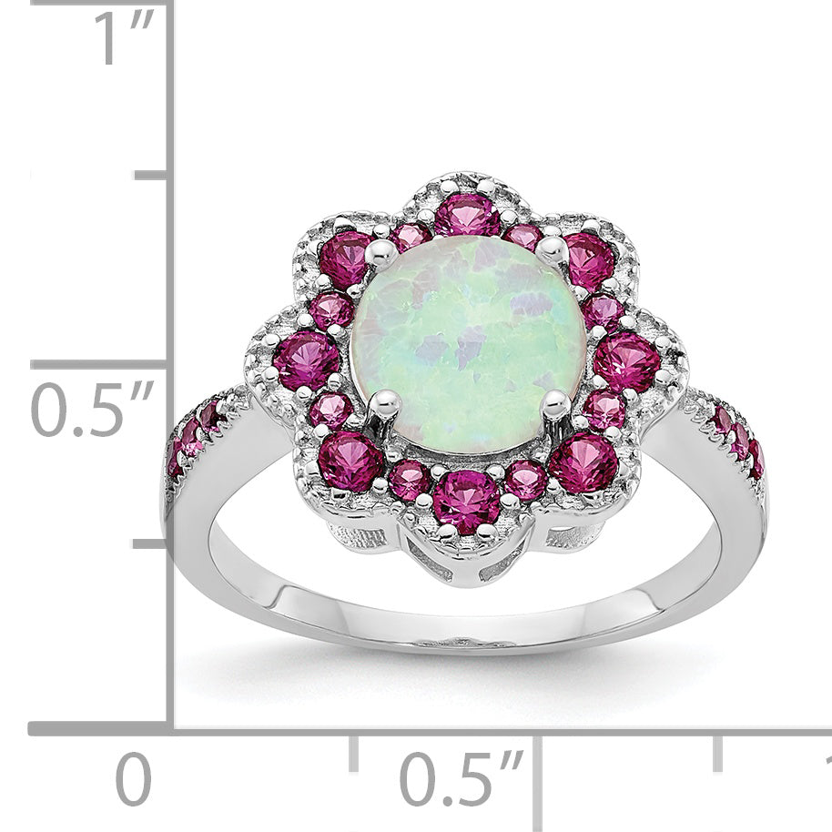 Sterling Silver Cheryl M Rhodium-Plated Cabochon Lab Created Opal And Brilliant-Cut Red Nano Crystal Flower Ring