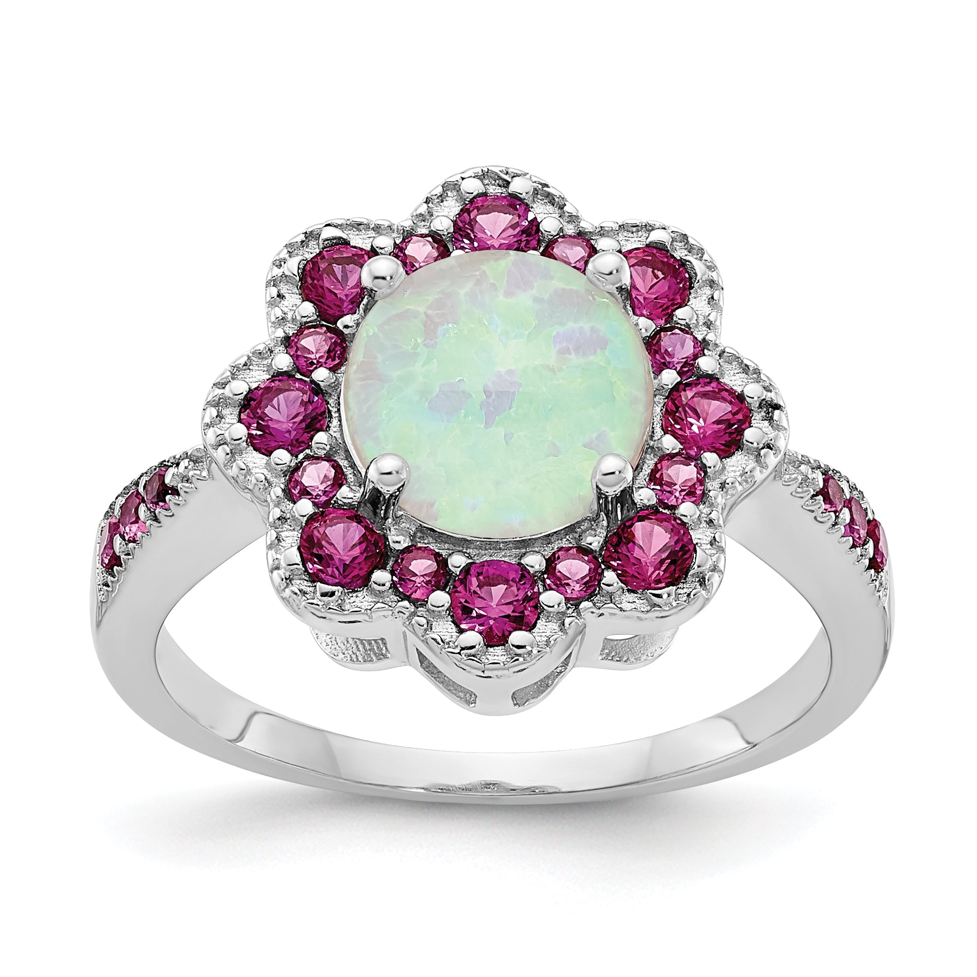 Sterling Silver Cheryl M Rhodium-Plated Cabochon Lab Created Opal And Brilliant-Cut Red Nano Crystal Flower Ring