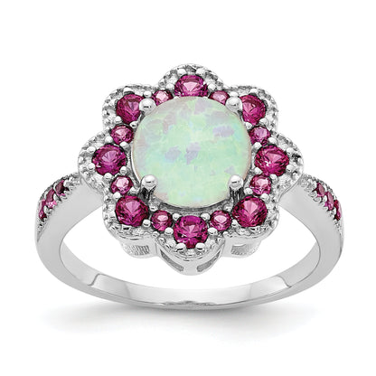 Sterling Silver Cheryl M Rhodium-Plated Cabochon Lab Created Opal And Brilliant-Cut Red Nano Crystal Flower Ring