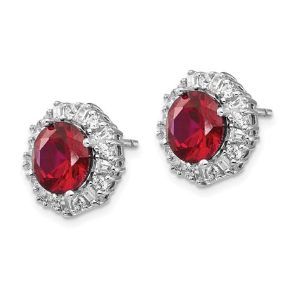 Sterling Silver Cheryl M Rhodium-Plated Brilliant-Cut Lab Created Ruby And Brilliant-Cut/Baguette-Cut White Cz Post Earrings