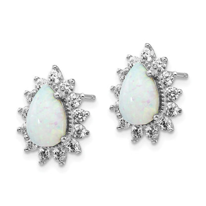 Sterling Silver Cheryl M Rhodium-Plated Cabochon Lab Created Opal And Brilliant-Cut Cz Teardrop Halo Post Earrings