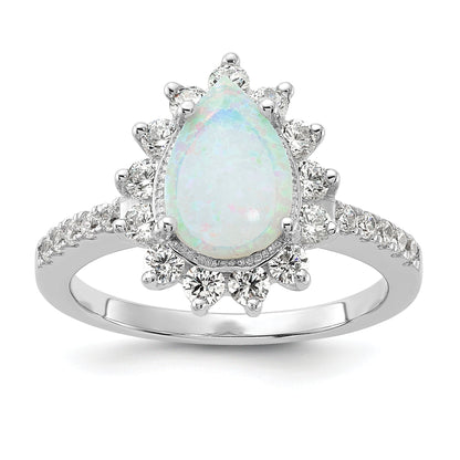 Sterling Silver Cheryl M Rhodium-Plated Cabochon Lab Created Opal And Brilliant-Cut Cz Teardrop Halo Ring