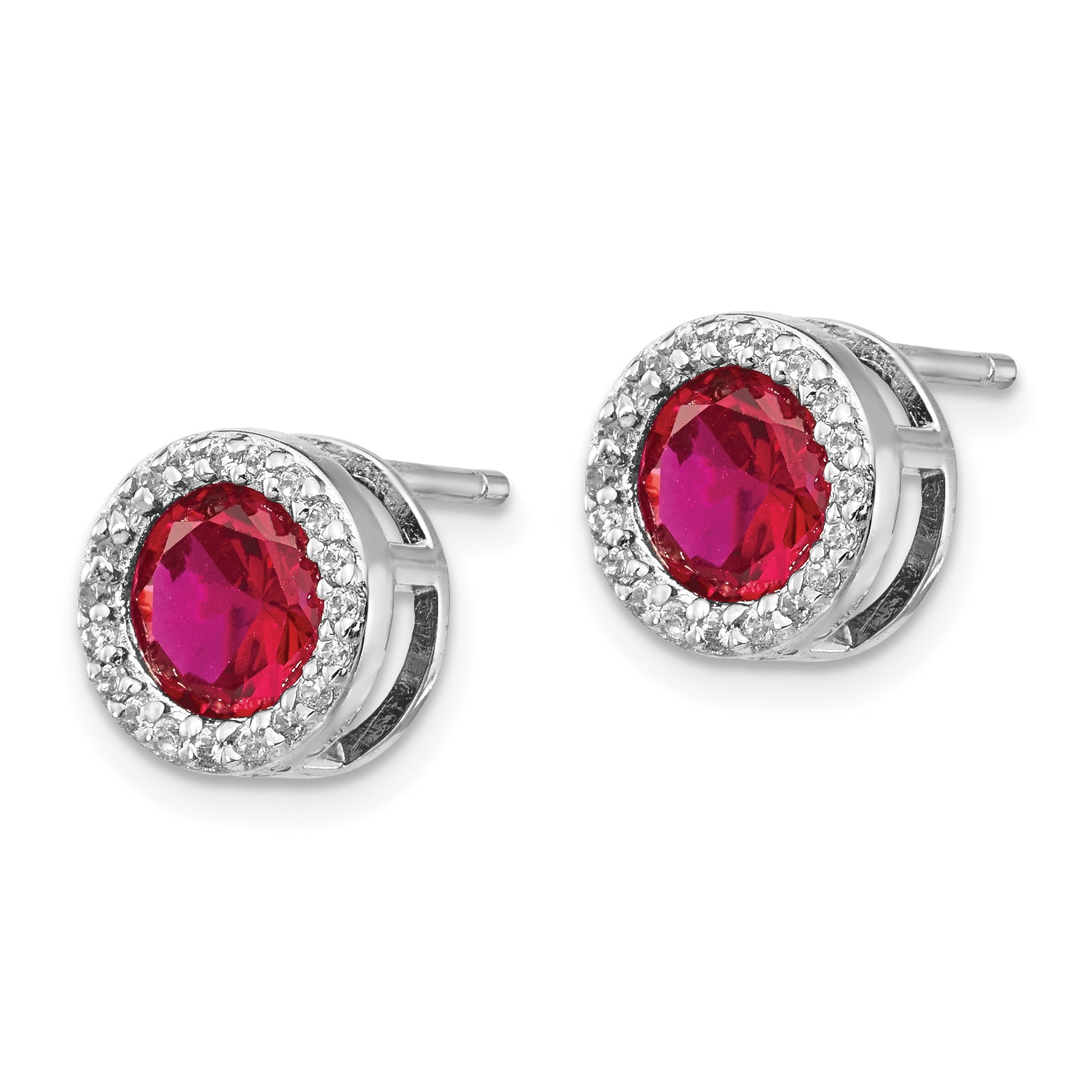 Sterling Silver Cheryl M Rhodium-Plated Brilliant-Cut Lab Created Ruby And White Cz Round Halo Post Earrings