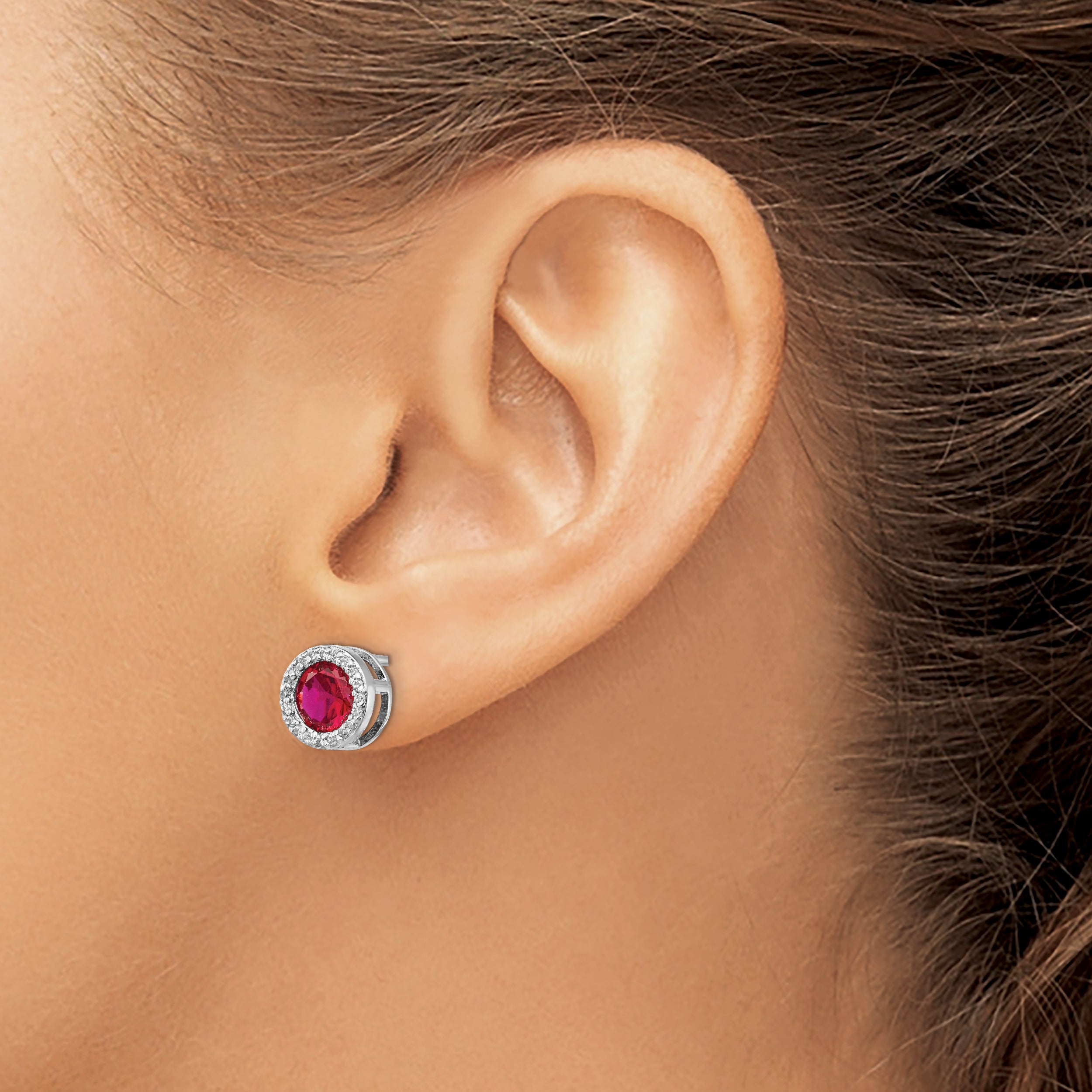 Sterling Silver Cheryl M Rhodium-Plated Brilliant-Cut Lab Created Ruby And White Cz Round Halo Post Earrings