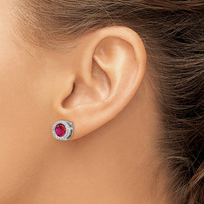 Sterling Silver Cheryl M Rhodium-Plated Brilliant-Cut Lab Created Ruby And White Cz Round Halo Post Earrings
