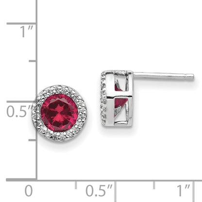 Sterling Silver Cheryl M Rhodium-Plated Brilliant-Cut Lab Created Ruby And White Cz Round Halo Post Earrings