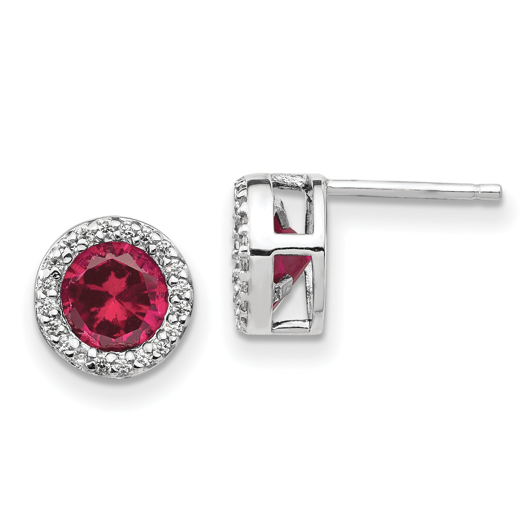 Sterling Silver Cheryl M Rhodium-Plated Brilliant-Cut Lab Created Ruby And White Cz Round Halo Post Earrings