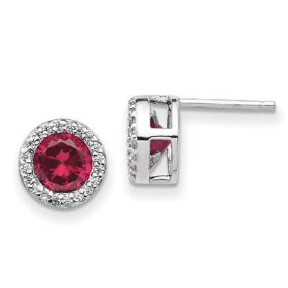 Sterling Silver Cheryl M Rhodium-Plated Brilliant-Cut Lab Created Ruby And White Cz Round Halo Post Earrings