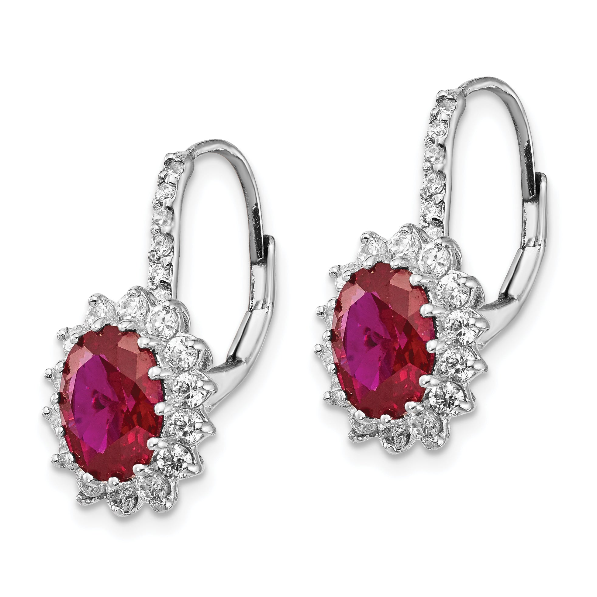 Sterling Silver Cheryl M Rhodium-Plated Brilliant-Cut Lab Created Ruby And White Cz Oval Halo Leverback Earrings
