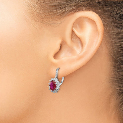 Sterling Silver Cheryl M Rhodium-Plated Brilliant-Cut Lab Created Ruby And White Cz Oval Halo Leverback Earrings