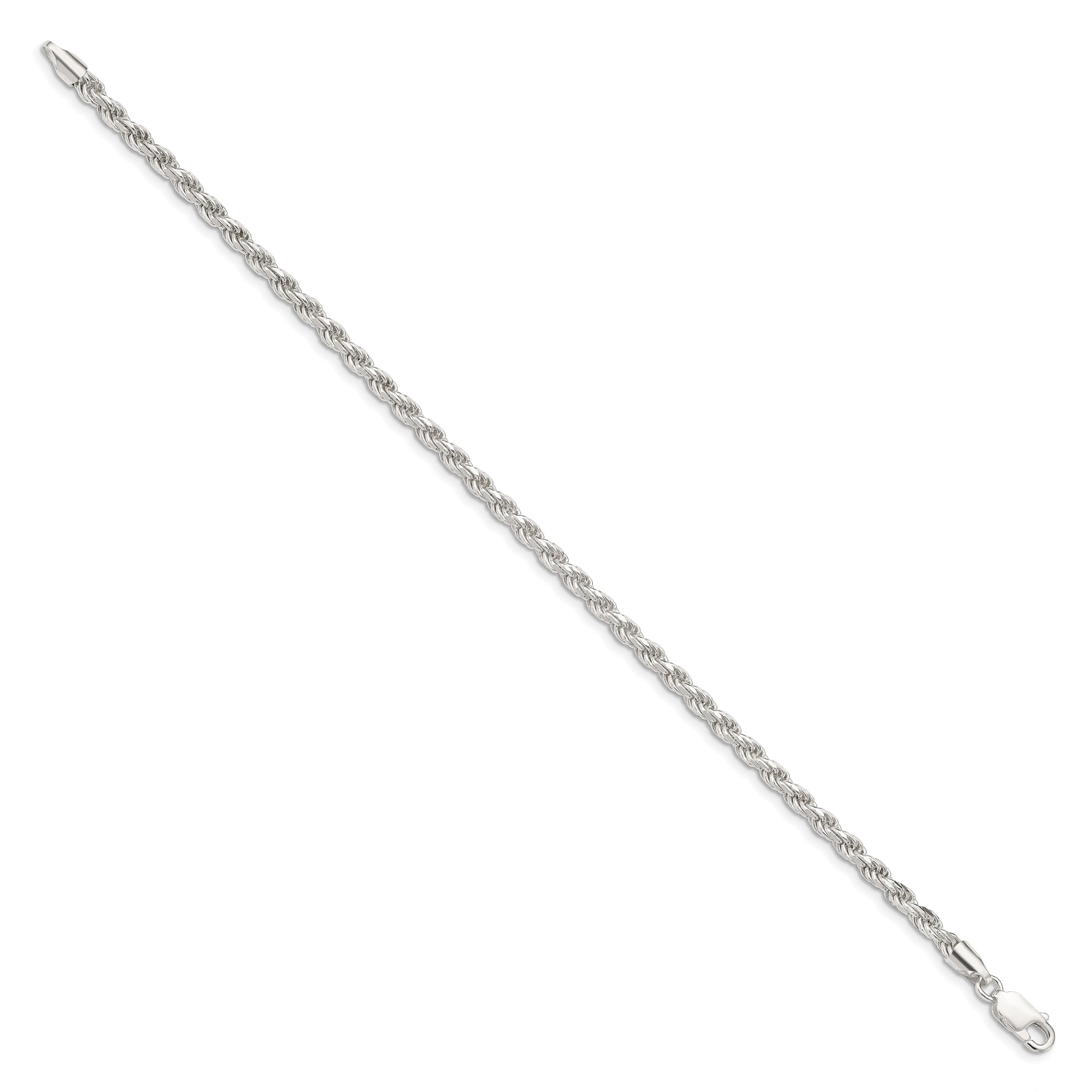 9 Inch Sterling Silver 3.2mm Diamond-Cut Rope Chain Bracelet