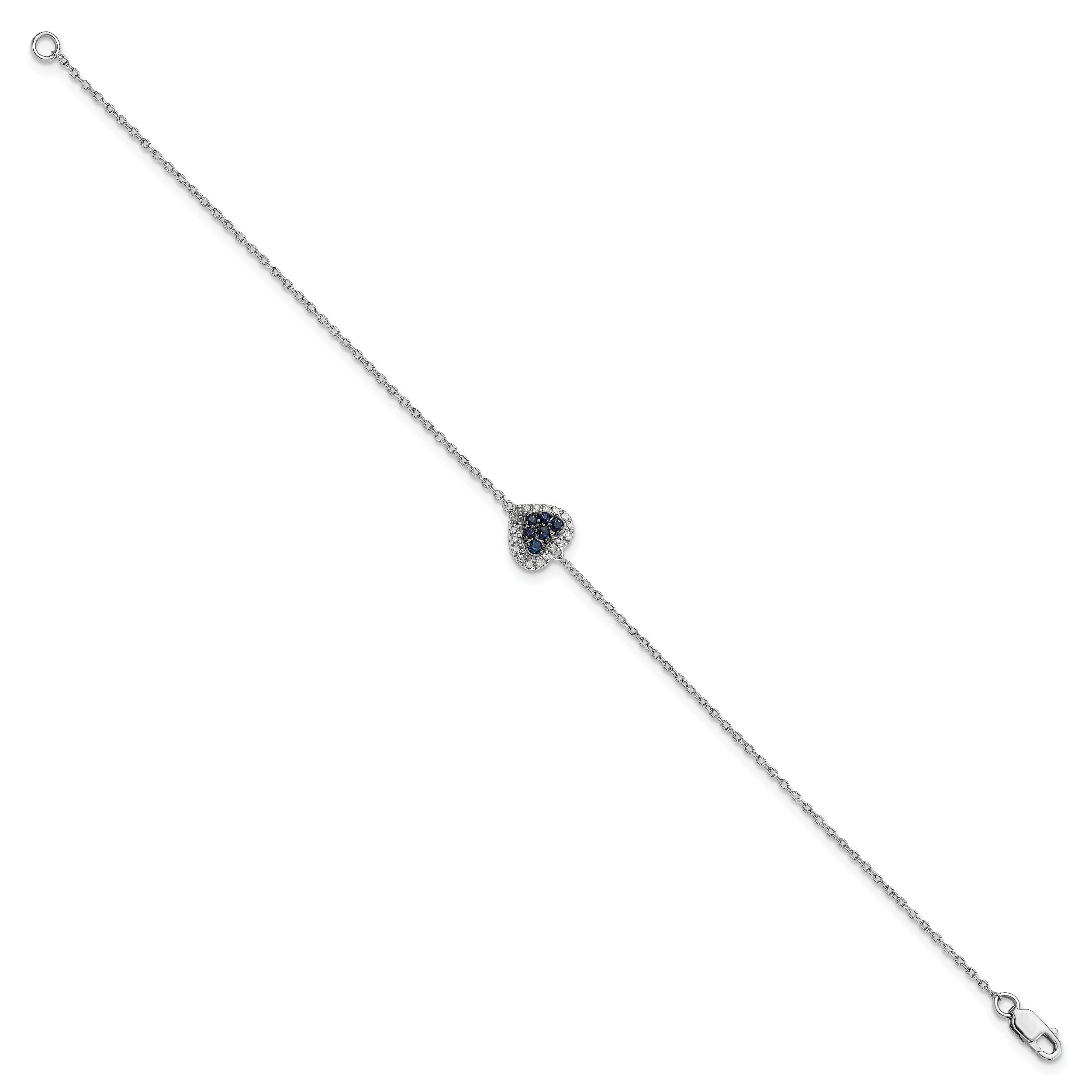 7 Inch Sterling Silver Rhodium Diam. & Sapphire Heart Bracelet