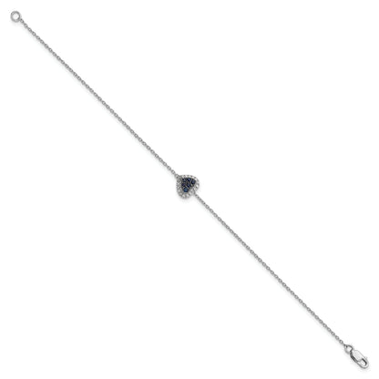 7 Inch Sterling Silver Rhodium Diam. & Sapphire Heart Bracelet