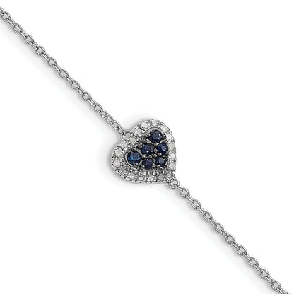 7 Inch Sterling Silver Rhodium Diam. & Sapphire Heart Bracelet