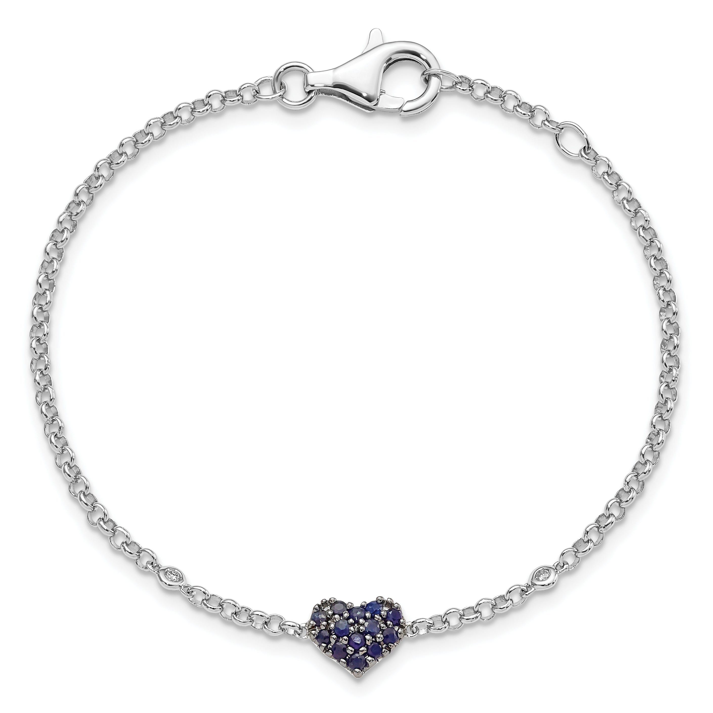 7 Inch Sterling Silver Rhodium Diam. & Sapphire Heart Bracelet